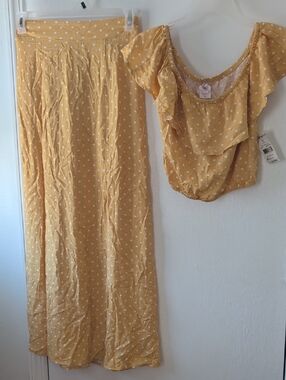 Yellow Polka Dot Ruffle Crop Top & Maxi Skirt Set